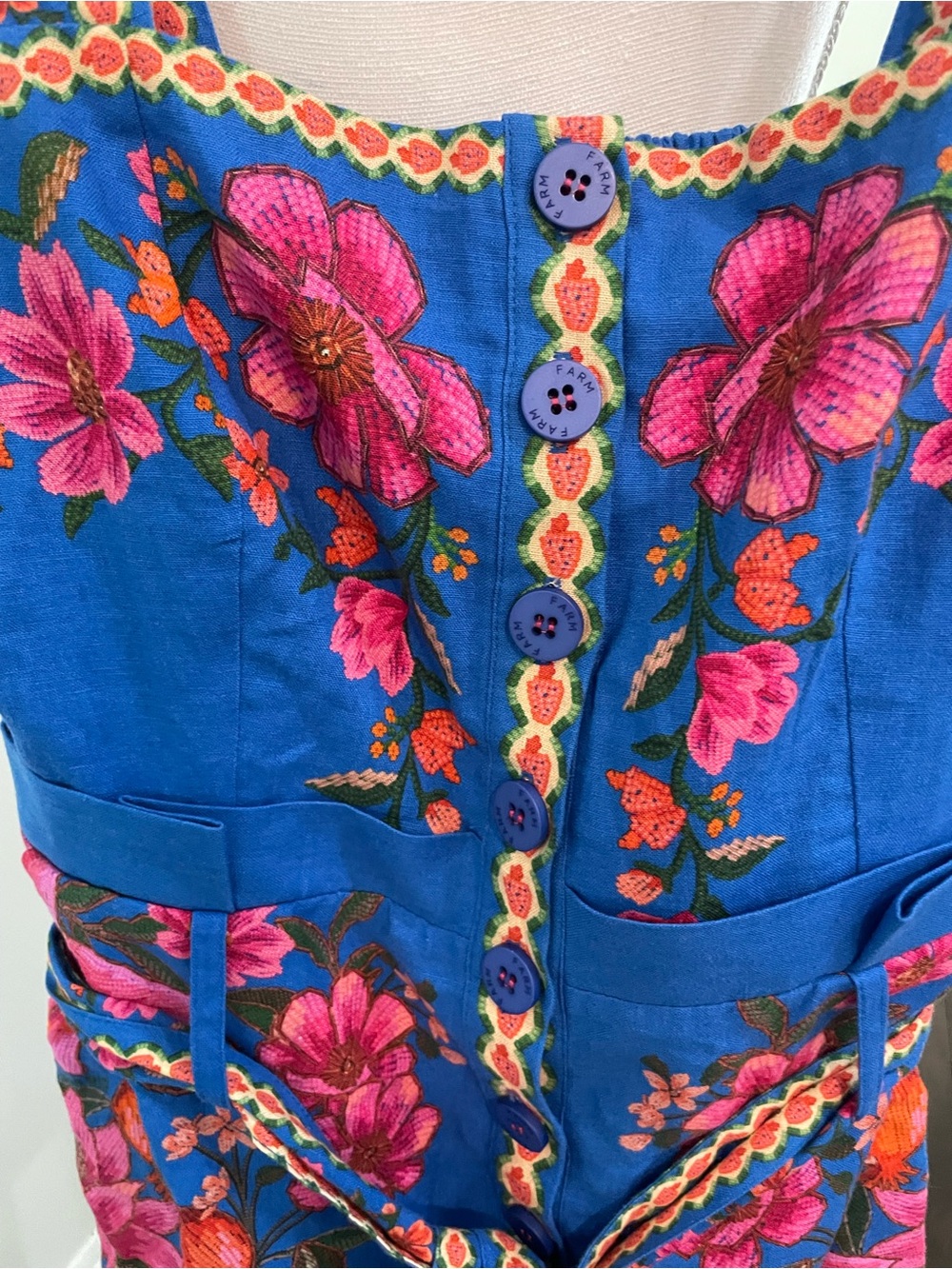 FARM Rio Bright Blue Floral Smocked Sundress with Pink Embroidery - Picture 2 of 9
